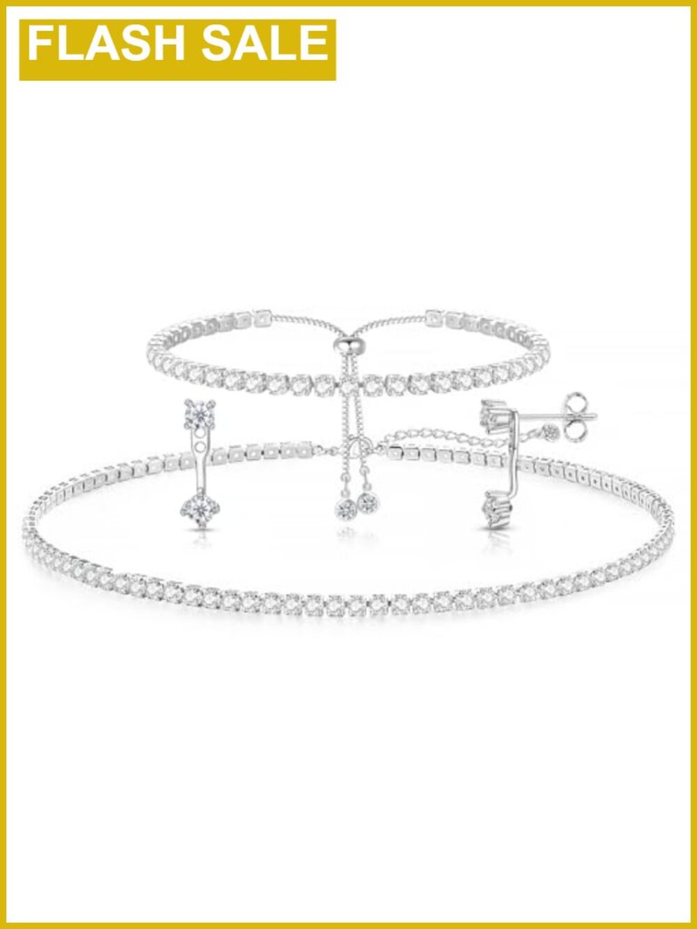Tennis Necklace Bracelet and Stud Earrings Set Silver Plated Brass Gift